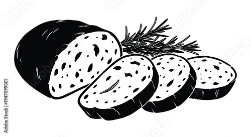 A striking black and white illustration depicts sliced loaf bread accompanied by a sprig of rosemary silhouette