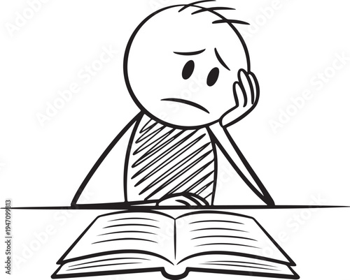 A simple cartoon depicts a frustrated stick figure resting their head on a hand facing an open book high quality