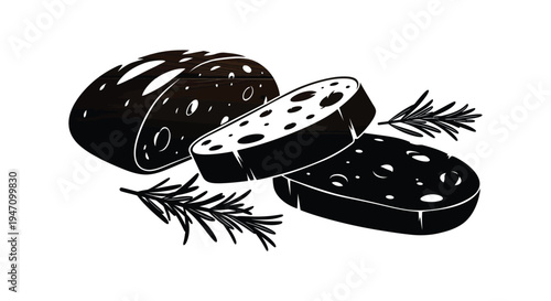 A striking black silhouette depicts sliced salami accompanied by sprigs of rosemary creating a delicious scene silhouette