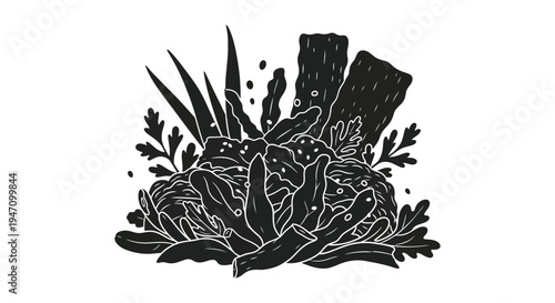 A striking botanical arrangement featuring various leaves and plant forms presented as a black silhouette high quality professional