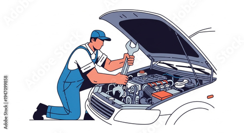 Mechanic Working on Car Engine.