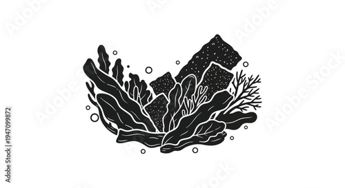 A striking black and white illustration depicts stylized plants and rocky forms creating a unique visual composition silhouette