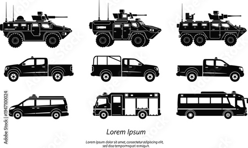 Military armored vehicle silhouette set with tactical truck ambulance pickup van and army transport icons for security patrol and emergency service fleet