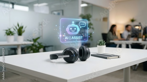 AI Chatbot Holographic Display with Headphones in Modern Office Workspace Setting