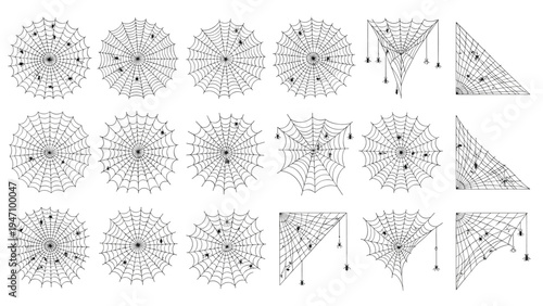 Extensive collection of various hand-drawn spider web designs including circular, corner, and complex shapes with small spiders on a white background.