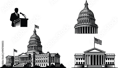 United States government building set with Capitol dome White House architecture and silhouette of politician speaking at podium for American political concept