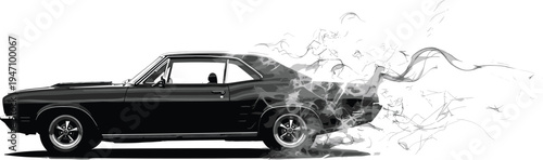 Vintage classic muscle car silhouette with smoke and fire effect burnout for high speed racing automotive performance and street drag racing