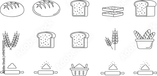 Bakery outline icons set with bread loaf, sliced bread, wheat ears, rolling pin and baking ingredients vector illustration