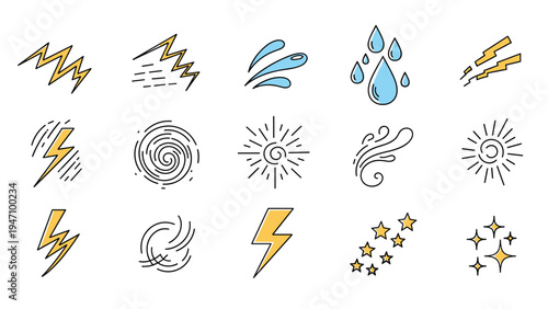Collection of weather and energy symbols featuring lightning bolts, wind swirls, rain drops, and sun icons in a hand-drawn colored style.