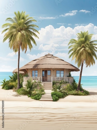 Exotic bungalow under palm trees on island beach, premium all-inclusive holiday, digital illustration, private hospitality rental.