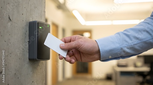 Person's hand scanning a blank white access card on a modern grey card reader for secure entry.