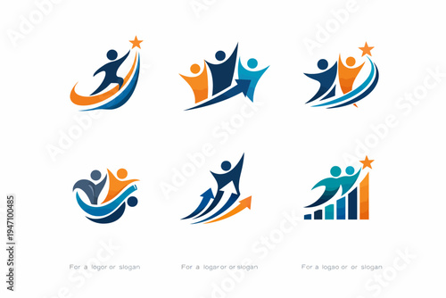 Six abstract human achievement logos with dynamic poses and vibrant colors