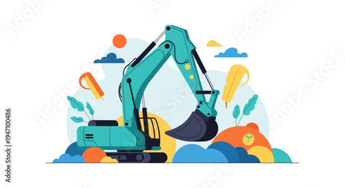 Modern Teal Hydraulic Excavator Illustration. Heavy Machinery Digger Vehicle for Construction, Earthmoving, and Infrastructure Projects in Flat Design Style.