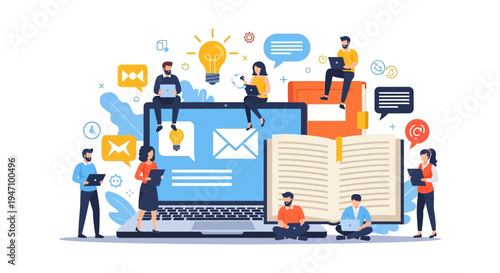 Digital Learning Hub: Online Education, Knowledge Sharing, and Team Collaboration Concept with People Using Laptops and Open Book Illustration