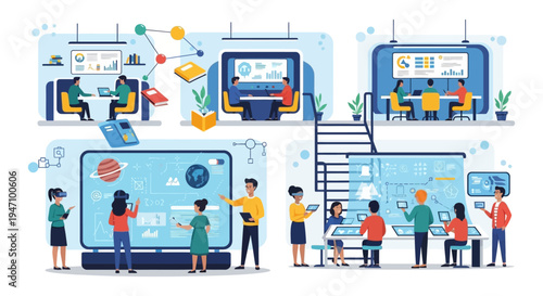 Futuristic E-learning and Collaboration Hub. Modern Education, Virtual Reality, Data Analysis, and Teamwork Ecosystem.