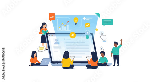 E-learning and Digital Education Concept. Diverse students interact with online courses, AR technology, and video lessons projected onto a giant laptop screen.