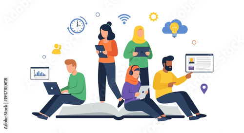 E-learning and Digital Education Platform Concept: Diverse Students Accessing Online Knowledge, Remote Study Group, Training, and Collaboration Vector.