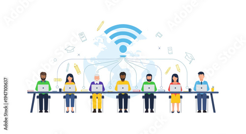 Global Online Education Network Vector. Diverse People Learning on Laptops, Connected via Wi-Fi Signal for Distance E-Learning and Virtual Collaboration.