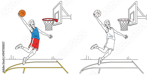 Vector illustration of a basketball player jumping to slam dunk. Colored and black and white line art versions for coloring book page.