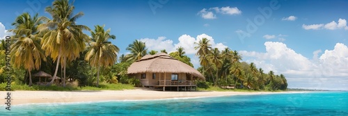 Luxury bungalow with panoramic view over turquoise bay, all-inclusive exclusive getaway, private oceanfront stay, digital illustration.