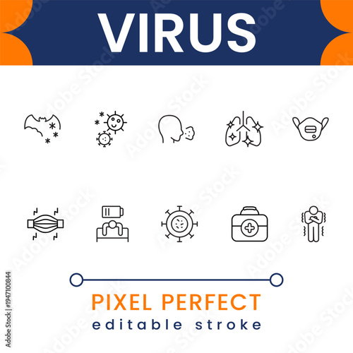 Virus healthcare icon collection with bacteria, infection, pandemic and microbiology symbols modern minimal vector design