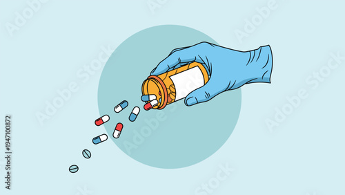 Close-up of a hand in a blue medical glove pouring a variety of colorful pills and capsules from a translucent orange medicine bottle.