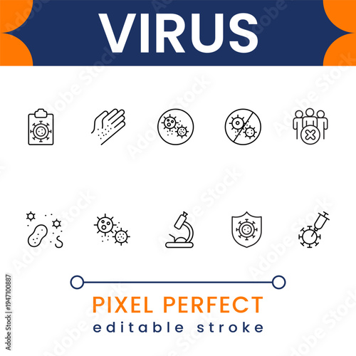 Virus healthcare icon collection with bacteria, infection, pandemic and microbiology symbols modern minimal vector design