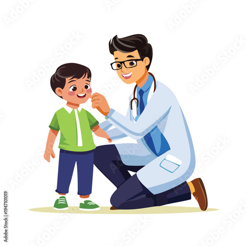 Doctor examines young child in bright illustration for healthcare concept