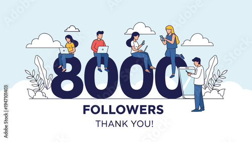 Social media milestone celebration banner for 8000 followers featuring diverse people using digital devices around large numbers.