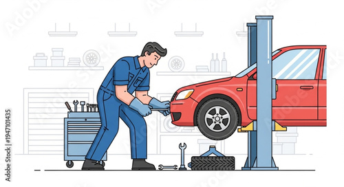 Mechanic working on car lift.