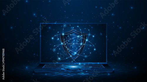 Shield icon floating above a laptop. Cyber ​​security and data protection concepts and privacy. Innovative concept of advanced safety technology