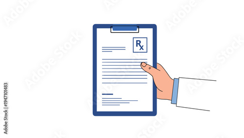 Hand of a doctor wearing a white lab coat holding a blue medical prescription clipboard with an rx symbol on a clean white background.
