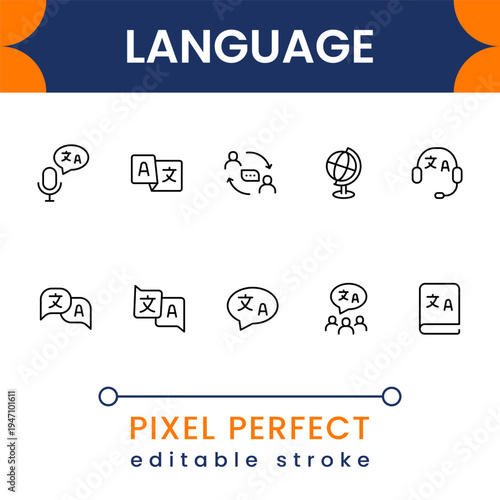 Modern language and translation icon pack featuring speech bubbles, global communication and multilingual symbols clean vector set