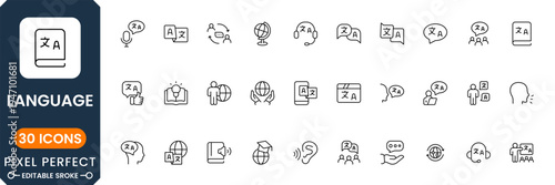 Language translation icon set with multilingual communication, speech bubble, global language and translate symbols modern outline vector