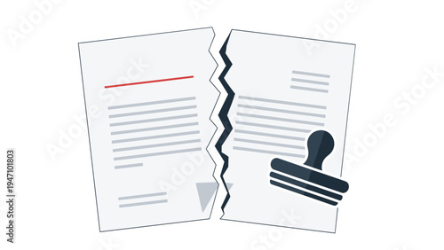 Conceptual illustration of a torn business contract or legal document next to a black stamp representing a canceled agreement or failure.