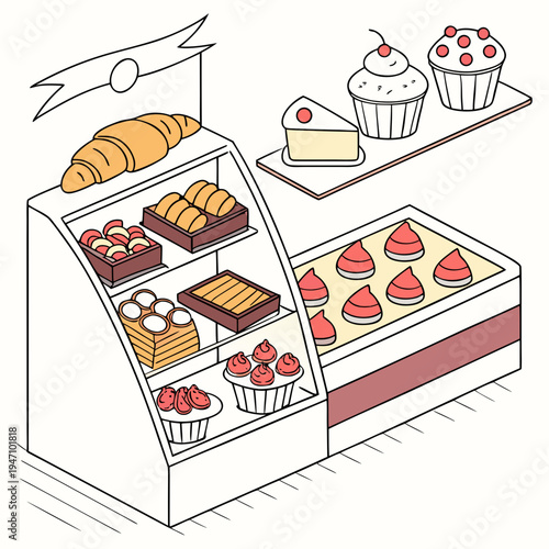 Bakery display case filled with freshly baked goods: croissants, cupcakes, and pastries illustration, ideal for food-related concepts, restaurant menus, and bakery marketing