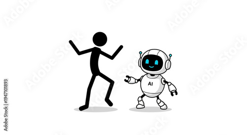 Stick Figure Man and AI Robot Dancing or Interacting Playfully on Isolated White Background, Human and Technology Collaboration Concept.