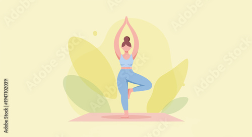 A person in the tree pose on a mat against abstract shapes