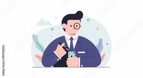 A person in a suit holds a stylus and smartphone, interacting with a digital screen