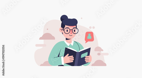 A person with glasses reads a book, with a chat icon above them