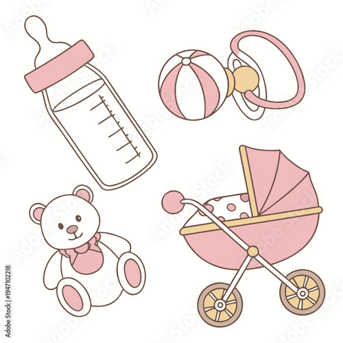 Collection of cute baby items including teddy bear, baby bottle, rattle, and stroller in pastel colors, perfect for newborn, nursery, and baby shower themes