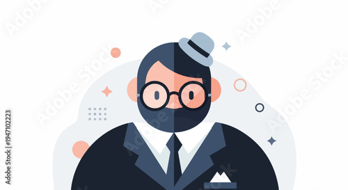 Stylized man in a suit with a hat and glasses, abstract background