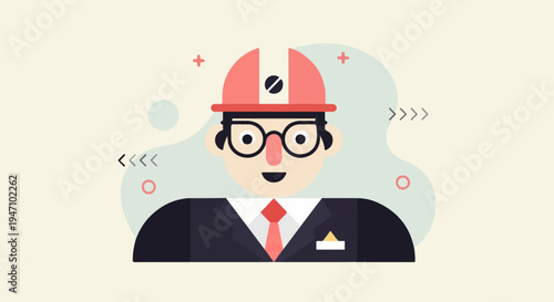 Stylized illustration of a smiling person in a hard hat and suit