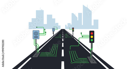 A futuristic cityscape scene with a road stretching into the distance lined with green circuitry and technology elements under a gray urban sky.