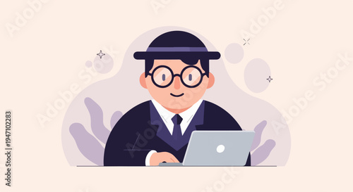 A person in a hat and suit with glasses smiles while typing on a laptop