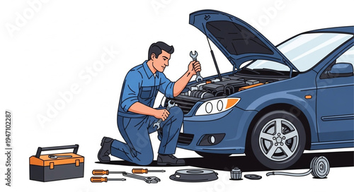Mechanic Working on Car Engine.