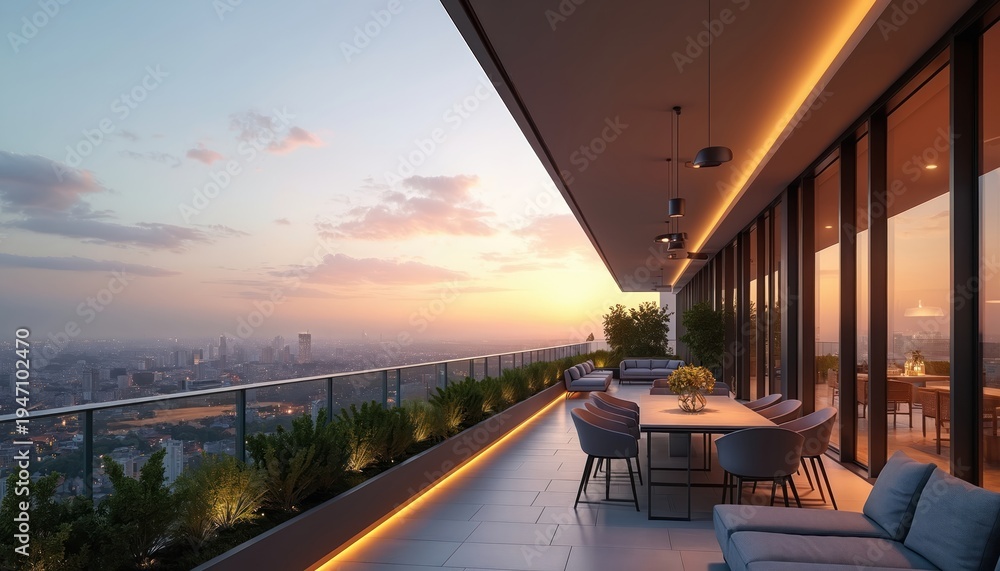 Fototapeta premium Luxury penthouse balcony overlooking city skyline at sunset. Modern outdoor living space with dining furniture and lounge sofas. Stylish terrace with city view.