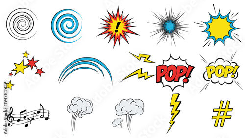 Assorted colorful comic book sound effects and expressive action icons including pop bursts lightning bolts and music notes.