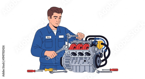 Mechanic Working on Car Engine.