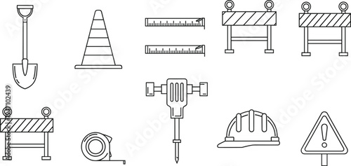Construction outline icon set with shovel, traffic cone, safety helmet, jackhammer, barricades, warning sign and measuring tape vector illustration
